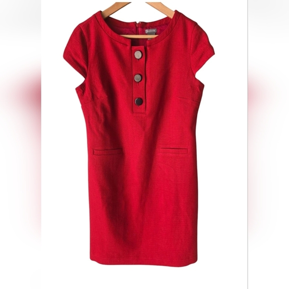 ANN TAYLOR Dress Red Sz 8 Cap Sleeves Front Pockets Button Accents  Wool - Picture 1 of 10